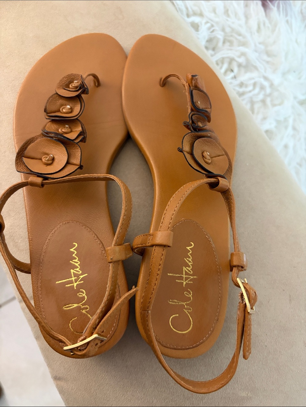 New Cole Haan Tan Leather Floral T-Strap Sandals